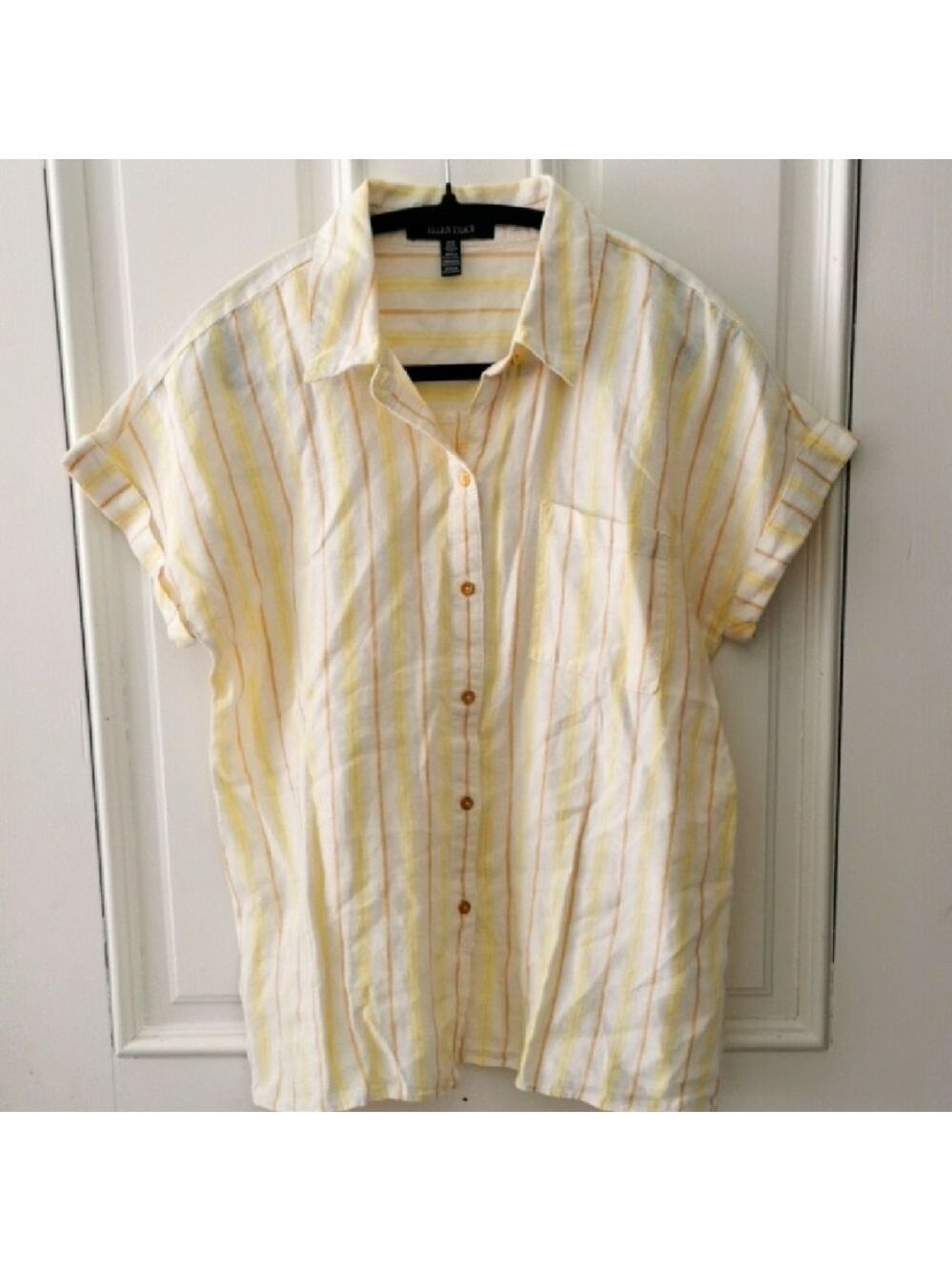 Ellen Tracy 100% Linen Yellow Striped Button Down Boxy Beachy  Blouse. Size M